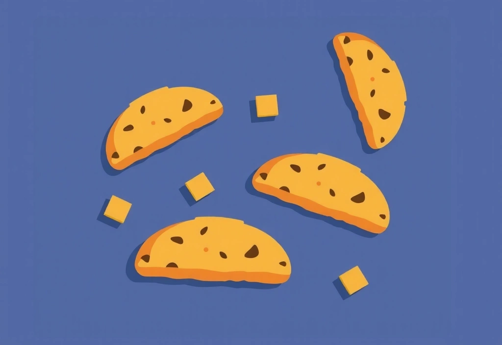 Illustration of various cookies, some with data icons, representing different types of cookie functions on a website